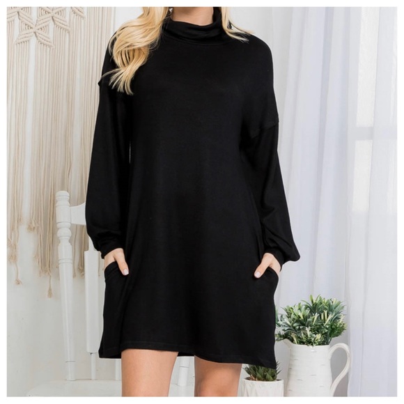 LAST ONE Boho Chic Black Cowl Neck cuff Sleeve Side pocket knit Dress - Picture 2 of 9